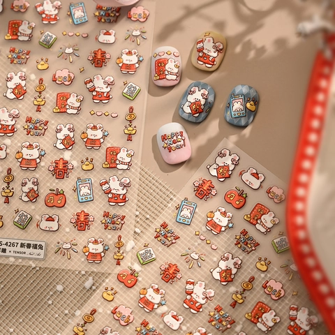 Autocollants À Ongles Gaufrés Lapin Ours Porte-Bonheur Auto-Adhésif Thème Nouvel An Chinois Décoration De Manucure Pour Femmes