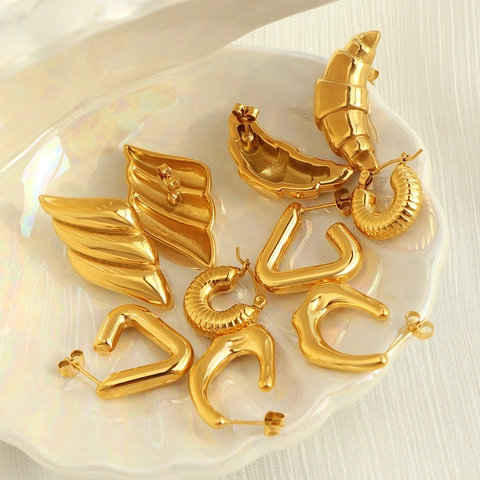 Geometric Stainless Steel Earrings 18K Gold Plated Croissant Triangle Wave Textured Minimalist Fashion Jewelry For Women