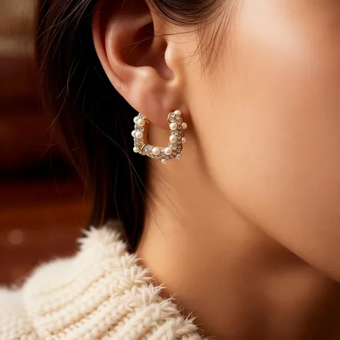 Orecchini A Cerchio A Forma Di U In Rame Placcato Oro Con Imitazione Perla Artificial E Strass Lusso Vintage Francese