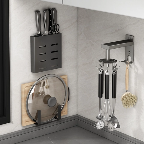 Rotating Kitchen Hooks Aluminum Alloy Wall Mounted No Drill Utensil Rack For Spatula Spoon 360 Degree Rotation