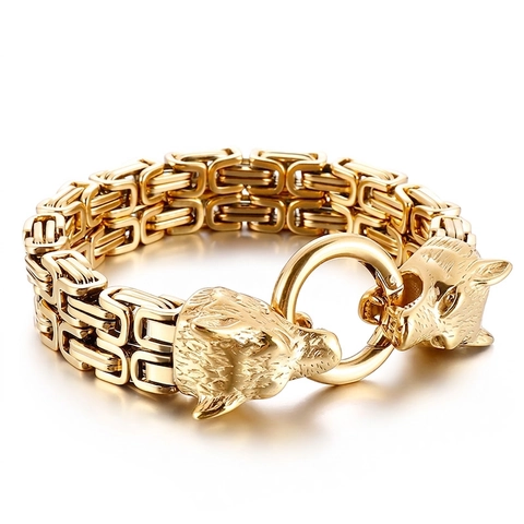 Bracciale Uomo Acciaio Inossidabile Doppia Testa Di Lupo Catena Bizantina Re Stile Punk Vichingo Gioielli