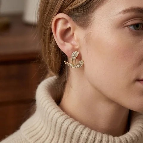 Leaf Feather Stud Earrings With Zircon Pave 18K Gold Plated Copper And Silver Earring Post Elegant Refined Jewelry For Women
