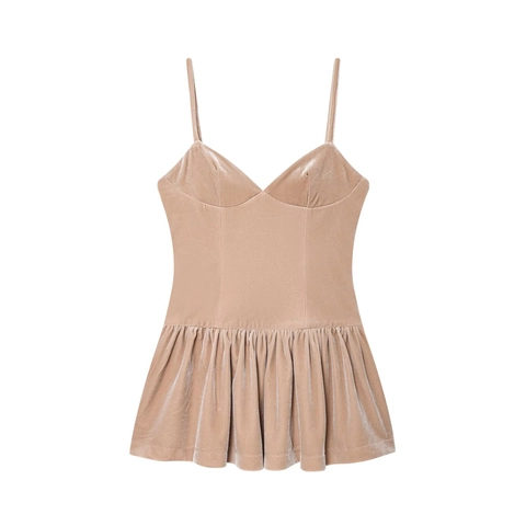Samt Spaghetti-Träger Minikleid Sexy Bauschiger Saum Hohe Taille Reißverschluss Hinten Einfarbig Damen Abendparty