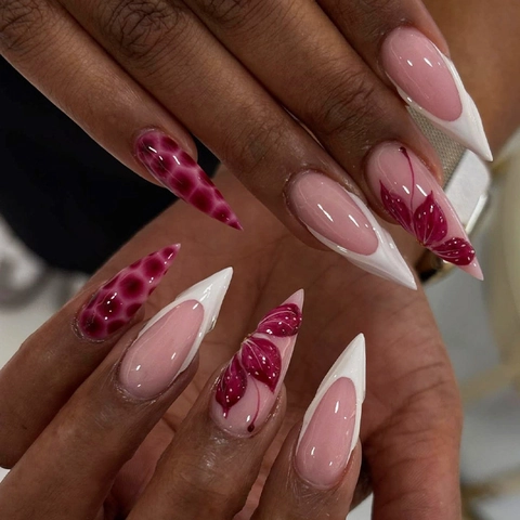 Uñas Postizas Largas Stiletto Borgoña Rojo Vino Flor 3D Patrón Mármol Puntas Francesas Brillantes Mujeres