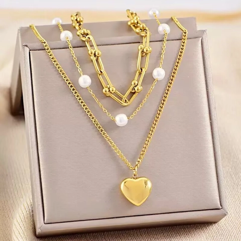 Multi-Layer Edelstahl Halskette Für Damen Herzanhänger Kunstperle U-Link Kette Retro Modeschmuck
