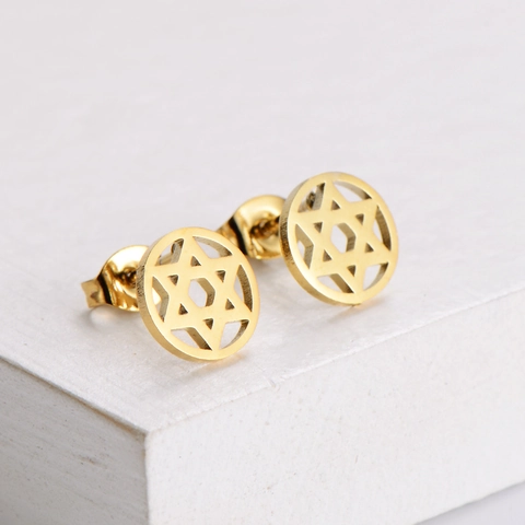 Star Of David Hexagramm Halskette Und Ohrstecker 316L Edelstahl 18K Vergoldet Hohl Rund Anhänger Schmuck Für Damen
