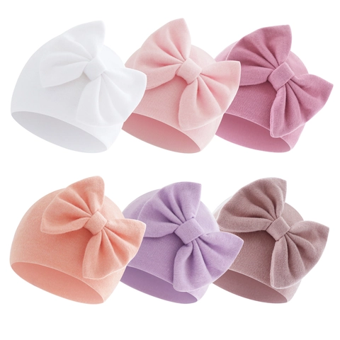Newborn Baby Beanie Hat And Anti Scratch Mittens Cotton Ribbed Knit Large Bow Solid Color Infant Toddler Winter Warm