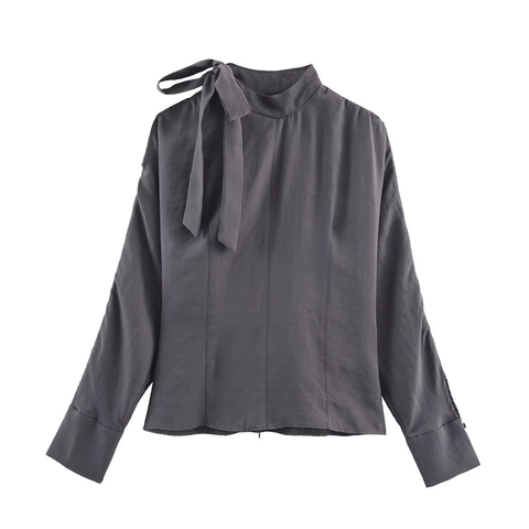 Women Satin Blouse Bow Tie Shoulder Slit Long Sleeve Mock Neck Solid Grey Elegant Pullover Top