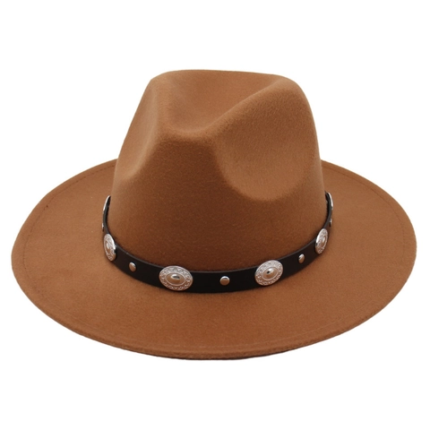Wide Brim Fedora Hat Cotton Wool Blend Felt Metal Rivet Leather Band Western Cowboy Retro Jazz Style For Men Women