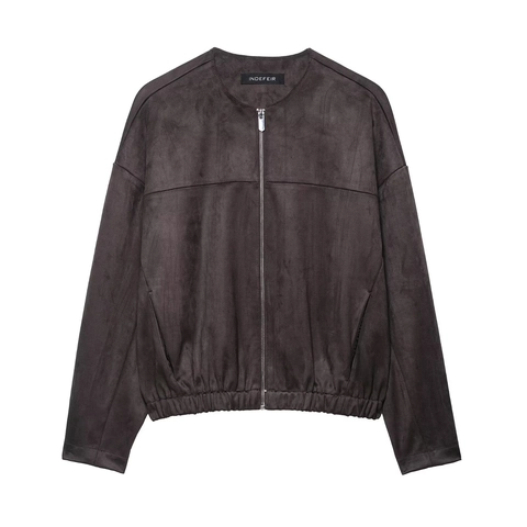 Chaqueta Bomber De Gamuza Sintética Para Mujer Cuello Redondo Cremallera Casual Manga Larga Ropa De Abrigo Color Sólido Dobladillo Elástico