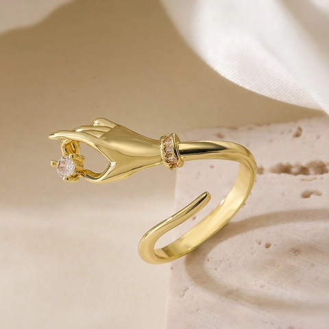 Hand Shape Ring Gold Plated Copper Zircon Unique Design Chic Adjustable Open Ring For Women Minimalist Jewelry