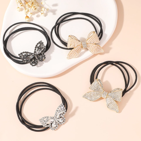 Élastiques À Cheveux Papillon Nœud Strass Support Queue De Cheval Alliage Künstliche Perle Corde Étincelante Style Coréen Femmes