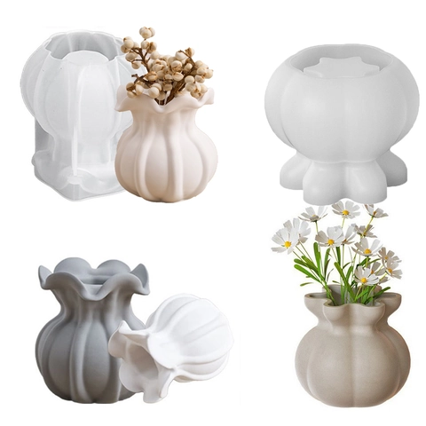 Stampo In Silicone Per Vaso Bordo Increspato Loto DIY Resina Gesso Cemento Fioriera Portacandele Forma Zucca Arredo