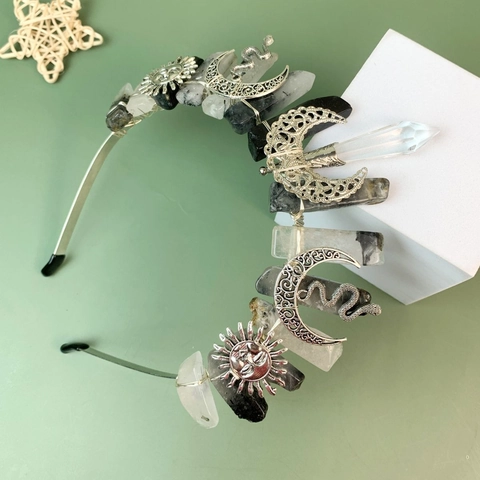 Natuurlijke Kristallen Kroon Hoofdband Boheems Maan Zon Slang Metaallegering Mystiek Gotisch Haaraccessoires Voor Vrouwen