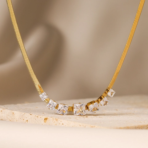 Collana In Acciaio Al Titanio Con Zircone Quadrato Smeraldo Gemma Catena Serpente Placcata Oro Gioielli Vintage Donna