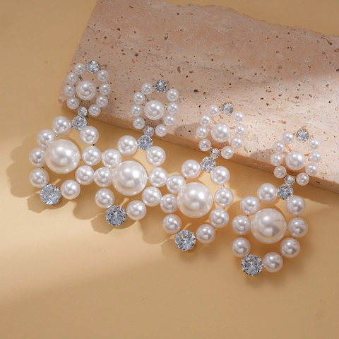 Retro Elegant Round Cluster Drop Earrings With Imitation Artificial Pearl Cubic Zirconia And Silver Earring Post For Women