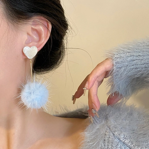 Stoff Herz Kunstfell Bommel Ohrhänger Mit 925 Sterling Silber Ohrstecker Herbst Winter Süßer Schmuck Für Damen