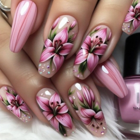 Unghie Finte Lunghe Forma Bara Lucide Plastica ABS Motivo Giglio Rosa Strass Manicure Per Donne Ragazze