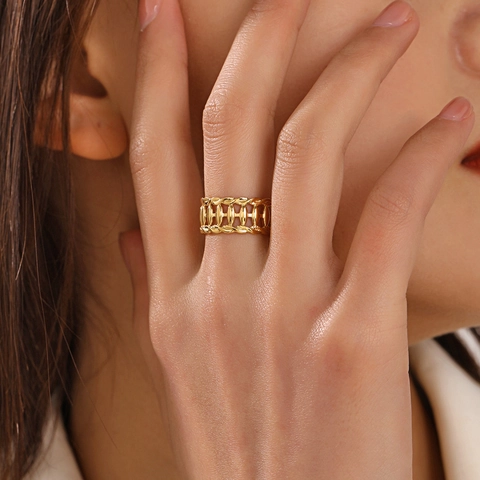 Hollow Woven Texture Ring 18K Gold Plated Stainless Steel Adjustable Open Band Geometric Jewelry For Women