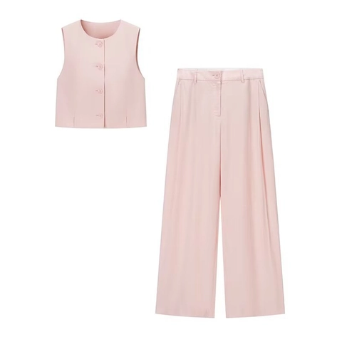 Women Pink Sleeveless Round Neck Vest And High Waist Wide Leg Pants Set Casual Summer Polyester Elegant Street Clothing