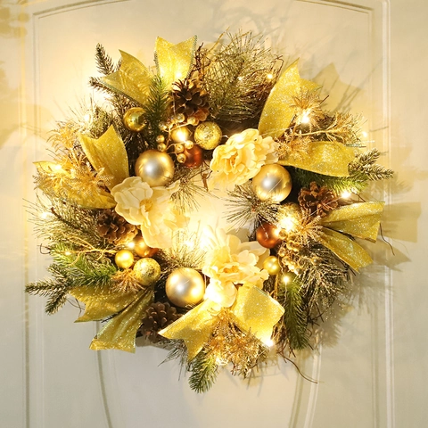 Artificial Christmas Wreath Pine Cones Gold Ribbon Satin Flower LED Light Wall Hanging Festive Home Door Decor Ornament