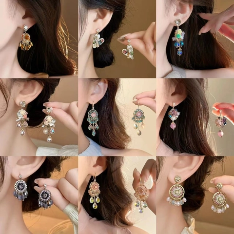 Vintage Boheemse Kristallen Vlinder Bloem Hart Hangende Oorbellen Met Zilveren Oorsteker Mode Sieraden Voor Dames