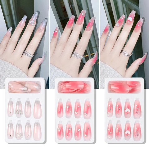 Long Coffin Press On Nails Pink Gradient Artificial False Nails With Rhinestone Butterfly Heart Decoration DIY Manicure Fashion