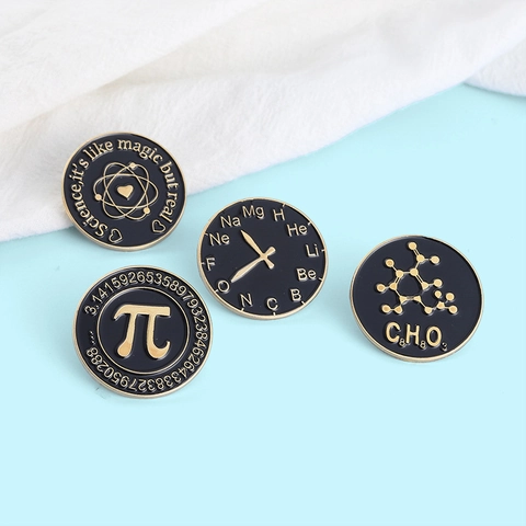 Round Alloy Enamel Brooch Pin Science Theme Math Pi Chemical Formula Atom Periodic Table Lapel Pin Jewelry Gift Unisex
