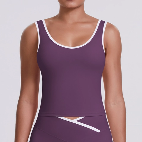 Women Sports Vest Top Nylon Spandex Breathable Yoga Fitness Training Color Block Piping U Neck Sleeveless Slim Fit Activewear