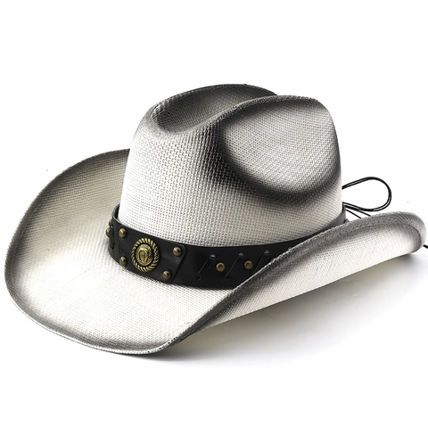 Vintage Western Cowboy Strohhut Breite Krempe Sonnenschutz Outdoor Strand Reise Besetzter Gürtel Hufeisenschnalle