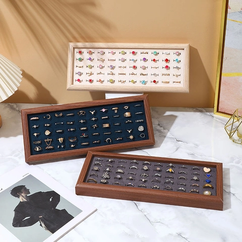 Wooden Jewelry Display Tray Velvet Ring Storage Organizer Multi Slot Earring Stud Holder Showcase For Countertop Showcase