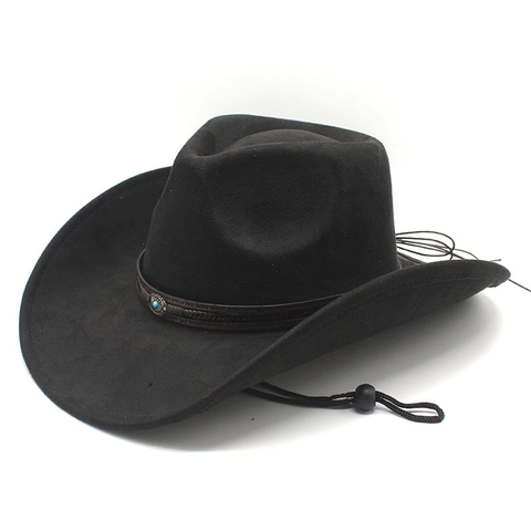 Vintage Western Cowboy Hat Suede Wide Brim With Turquoise Buckle And Adjustable Windproof Rope Retro Ethnic Style For Adults