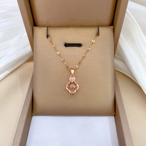 Collier Pierre Dansante Or Rose Acier Inoxydable Pendentif Cœur Trèfle Gourde Zircon Chaîne Clavicule Pour Femme