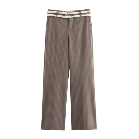 Pantalones Mujer Rayas De Alfiler Pierna Recta Con Doble Cinturón Blanco Poliéster Oficina Conmutar Marrón Caqui