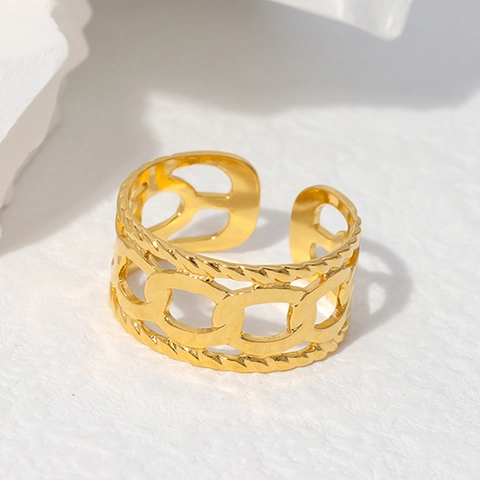 Anillo De Acero Inoxidable Con Eslabones De Cadena Bañado En Oro 18K Ajustable Abierto Joyería Para Mujer