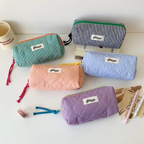 Checkered Quilted Cotton Polyester Pencil Case Large Capacity Zipper Pouch Travel Cosmetic Bag Style For Students
