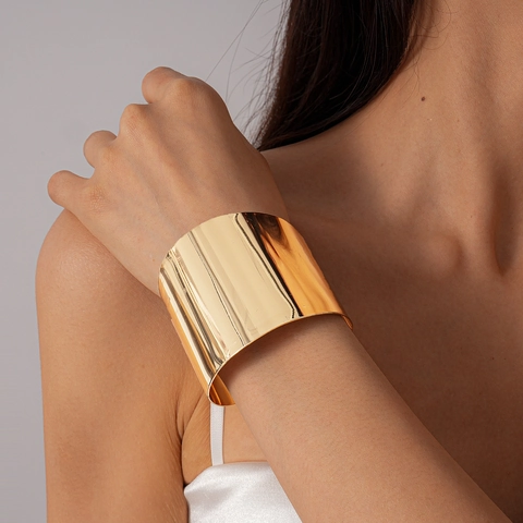Minimalist Wide Cuff Bracelet Gold Polished Iron Mirror Finish Geometric Open Adjustable Oversized Arm Ring For Women