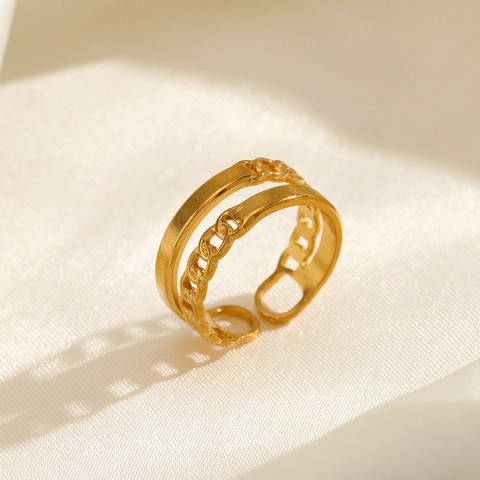 Anillo De Cadena De Acero Inoxidable De Doble Capa Chapado En Oro De 18K Abierto Ajustable Joyería De Moda Para Mujer