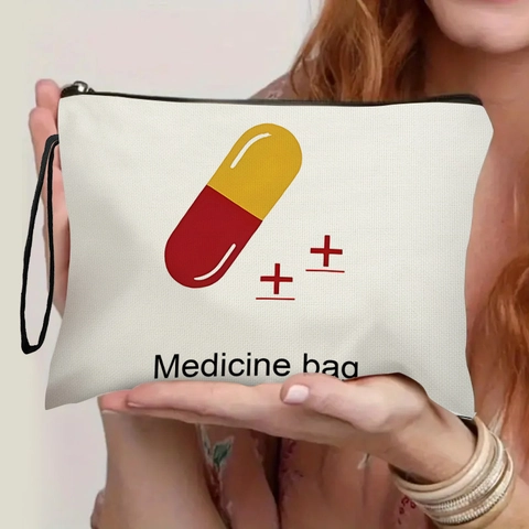 Portable Medicine Bag Linen Makeup Pouch Travel Zipper Storage Case With Wrist Strap Capsule Pattern For First Aid Supplies