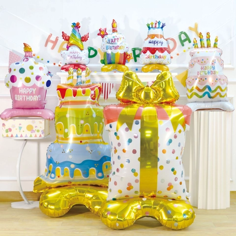 Standing Birthday Cake Aluminum Foil Balloon Tiered Cake Gift Box Shape Self Standing Inflatable Mylar Party Decor