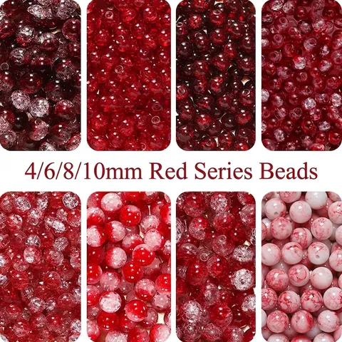 Rote Runde Lose Perlen Glas Lampwork Crackle Blumenmuster Für DIY Schmuckherstellung Armband Handykette Handgefertigt
