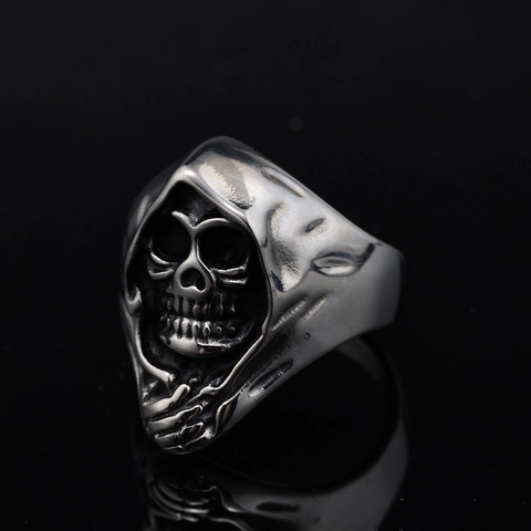 Gothic Skull Reaper Ring For Men Vintage Stainless Steel Punk Rock Biker Jewelry Antique Silver Color