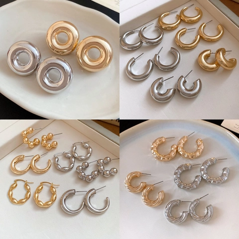 Chunky C-Shaped Hoop Earrings For Women Alloy Geometric Twisted Rope Studs With 925 Sterling Silver Earring Post