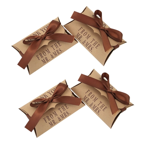 Vintage Kraft Paper Pillow Gift Boxes Brown Satin Ribbon Thank You From Mr And Mrs Wedding Party Favor Candy Packaging