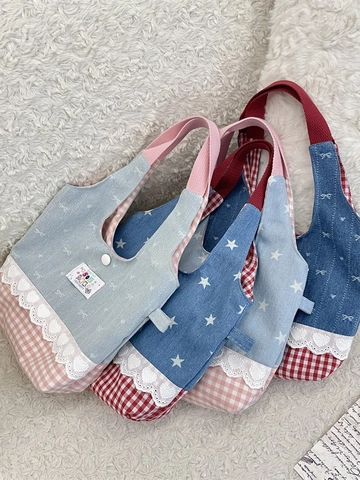 Koreaanse Stijl Zoete Kant Denim Patchwork Draagtas Handtas Plaid Ster Boog Print Hart Decor Draagbare Vrouwen Tas