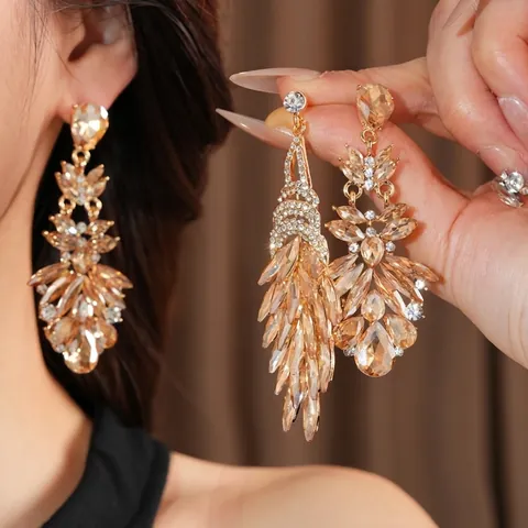 Orecchini Lunghi A Nappa Lega Strass Cristallo Champagne Vintage Barocco Matrimonio Con Perno In Argento