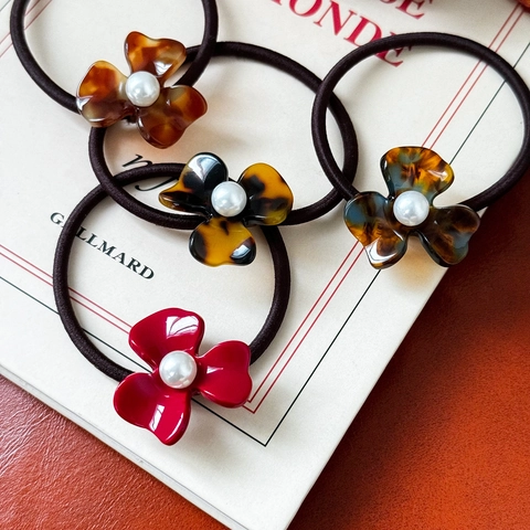 Gomas Para El Pelo Con Flores Acetato Perla Artificial Sintética Soporte De Cola De Caballo Elegante Accesorios Para Mujeres Chicas