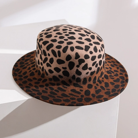 Leopard Print Gradient Australian Wool Flat Top Fedora Hat Wide Brim Adjustable Fashion Accessories