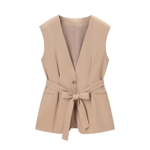 Women's Sleeveless Vest And Wide Leg Pants Set Chic Deep V-Neck Tie Belt Office Suit Casual Khaki Polyester Outfit For Lady
