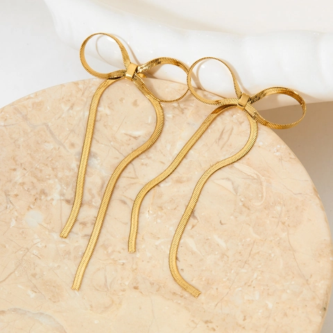 Stainless Steel Bowknot Tassel Drop Earrings With Snake Bone Chain Elegant Dangle For Women Luxury Style